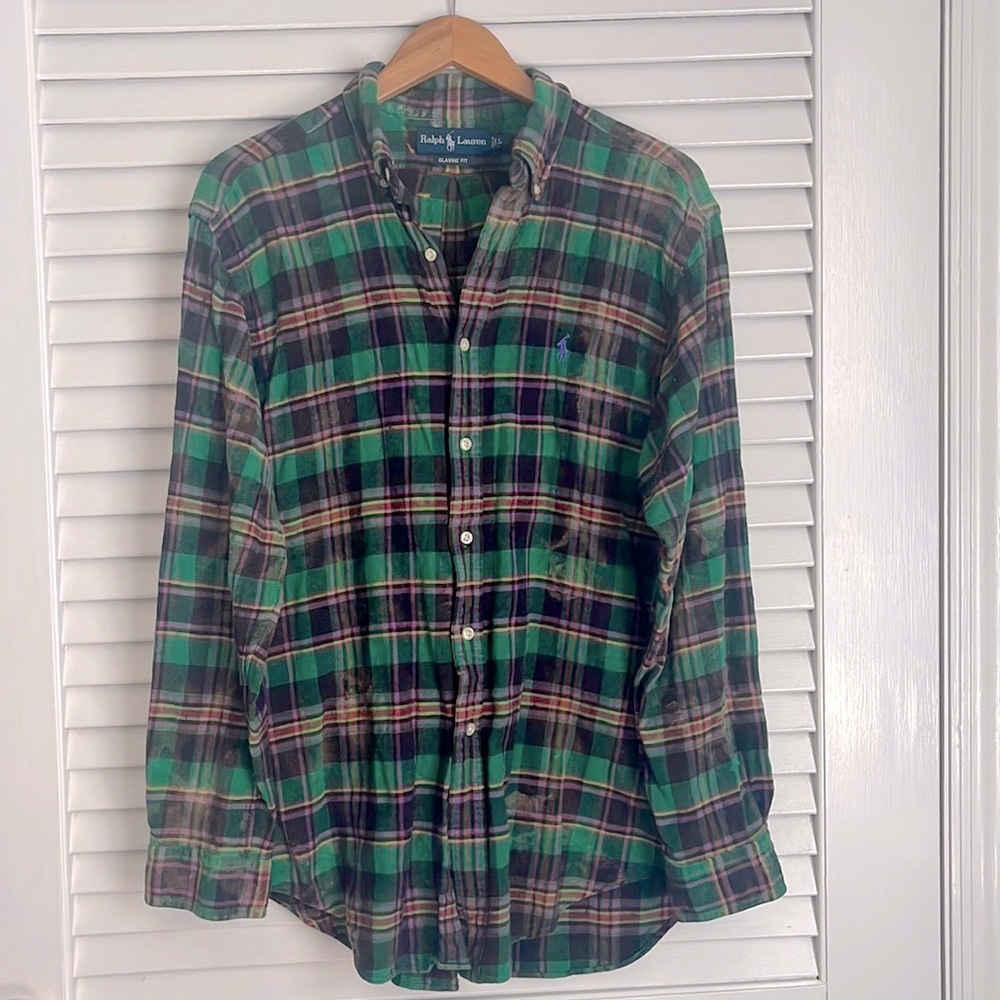 Vintage POLO Ralph Lauren Plaid Flannel Button Down Shirt Custom Bleach Dyed
